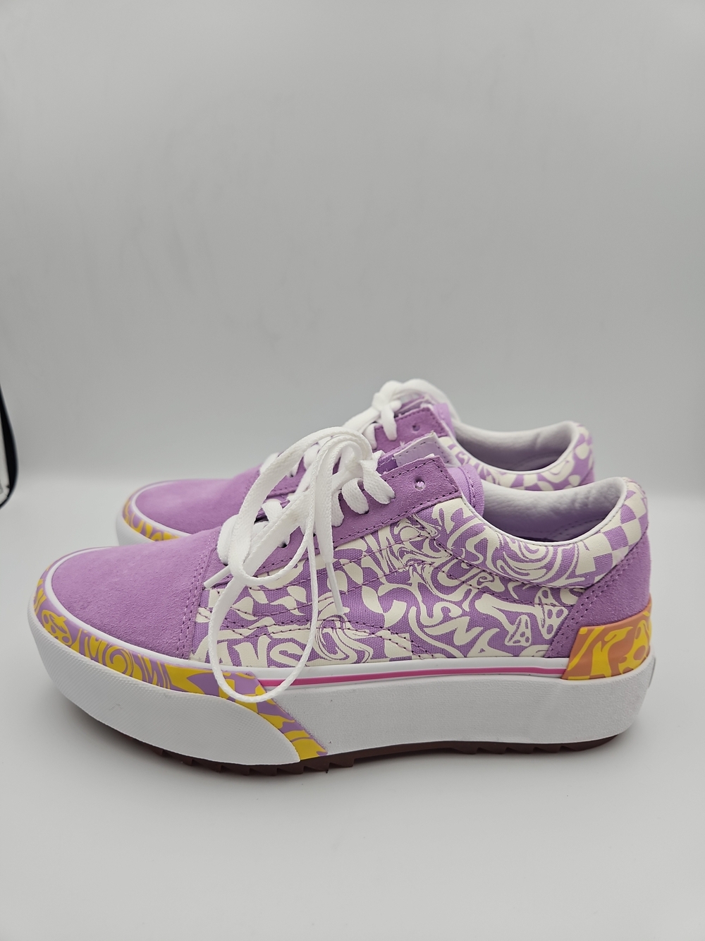 Vans Purple and White Platform Lace-Up Sneakers with Yellow Accent